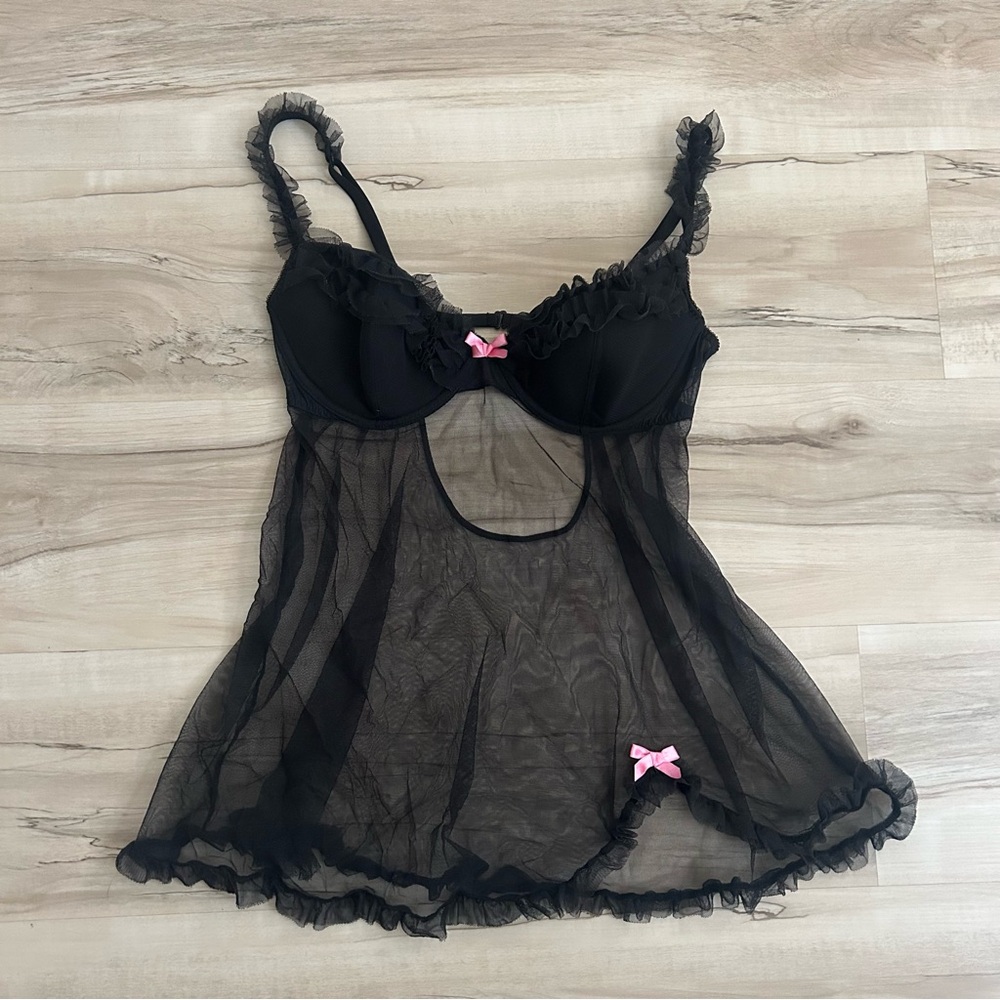 Victoria's Secret Black Babydoll Sheer Chemise with Pink Bows Size 36C Y2K Vtg